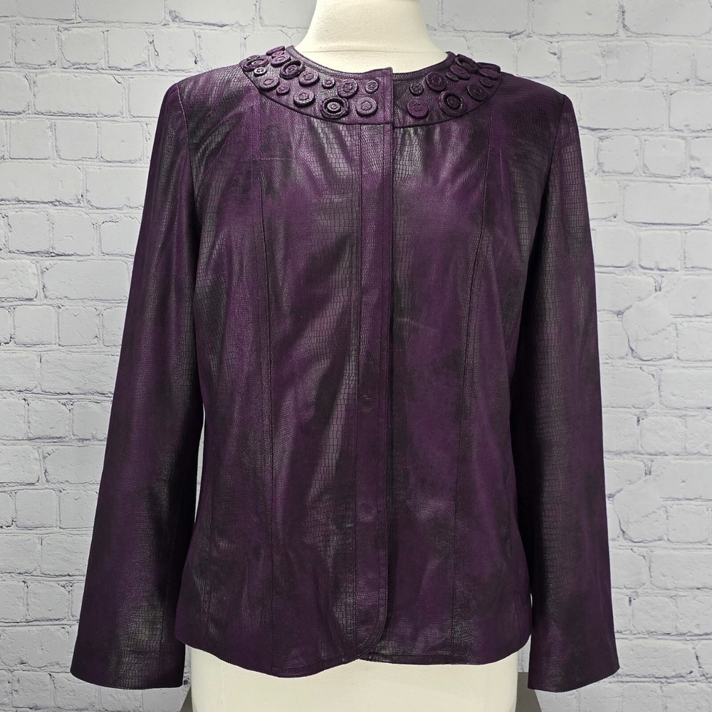 Chico's Jacket Womens L Purple Faux Crocodile Grain Snap Front Round Neck Coat